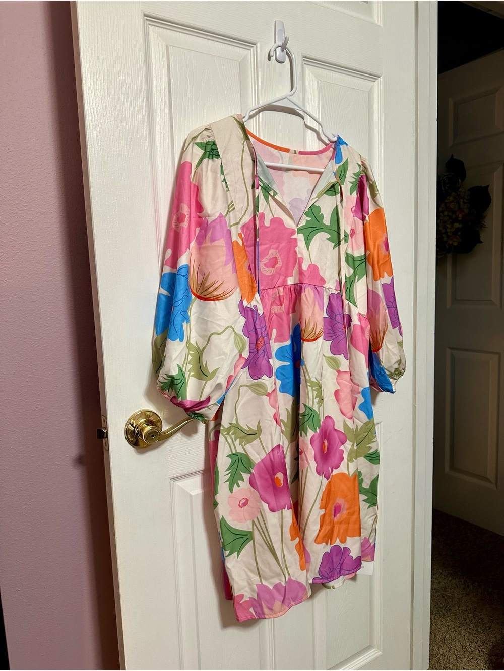 Yousify Lg NWT Floral Pop Peasant Dress in Cream, Pink, Orange & Blue - Picture 4 of 5